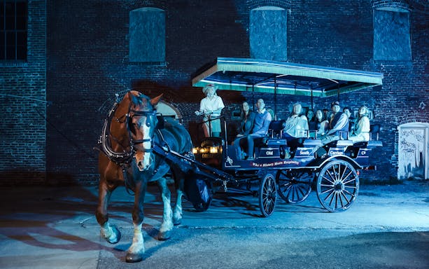 Charleston horse-drawn carriage tour at night with passengers and guide.