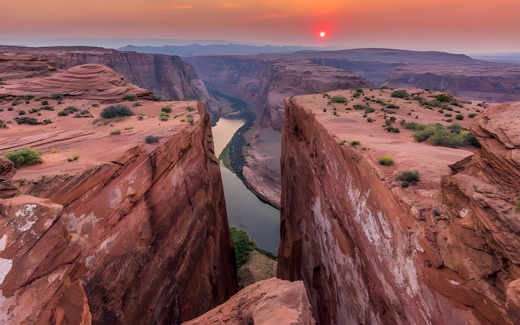 Secret Antelope Canyon view with river and sunset at Horseshoe Bend.