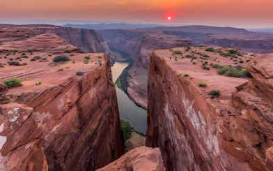 Secret Antelope Canyon view with river and sunset at Horseshoe Bend.