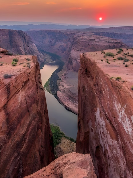 Secret Antelope Canyon view with river and sunset at Horseshoe Bend.