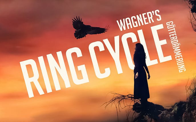 Wagner's Ring Cycle Götterdämmerung poster with silhouette and bird at sunset.