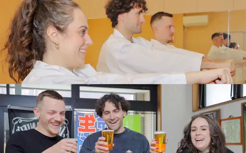 Participants practicing karate and enjoying drinks at a Tokyo dojo experience.