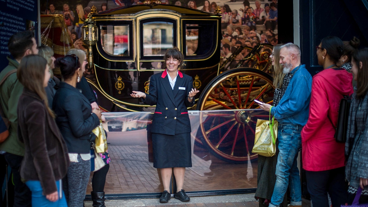 Horse-drawn carriages at The Royal Mews, Buckingham Palace, London.