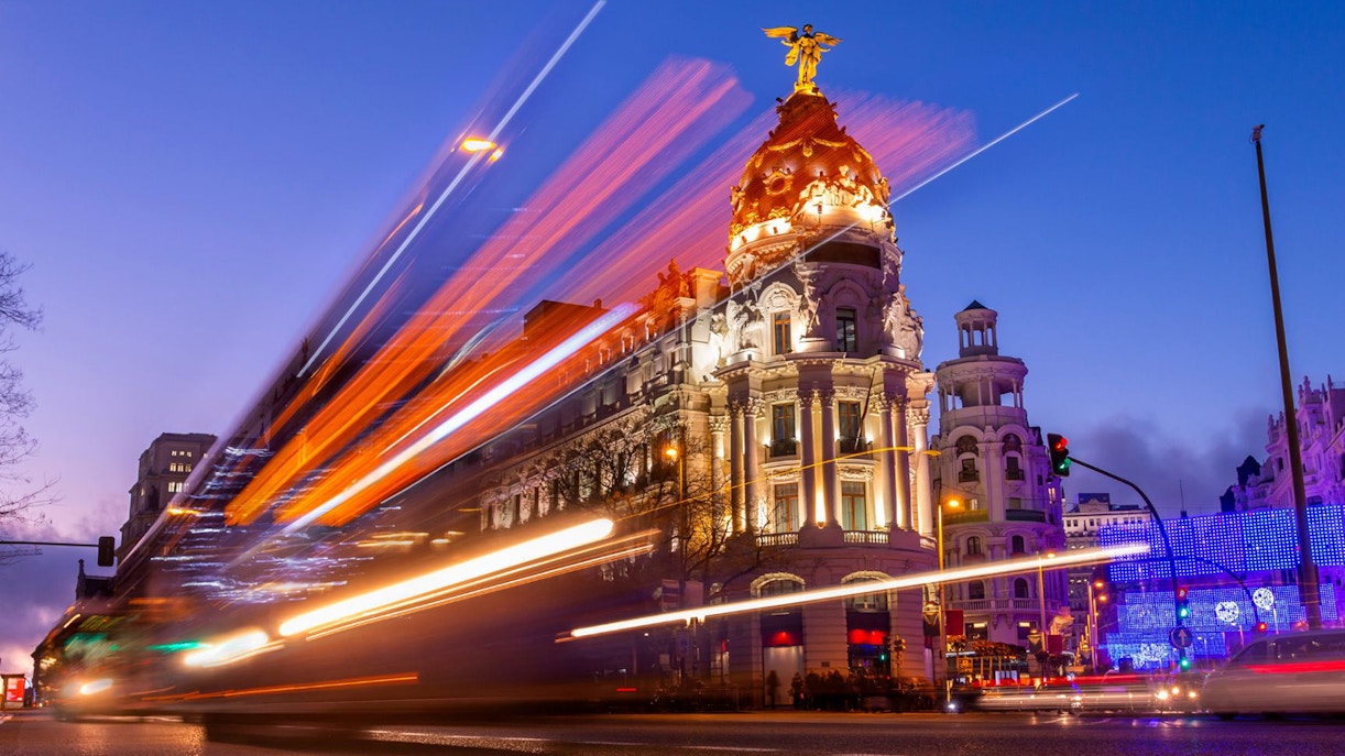 Gran Vía in Madrid at night, Spain