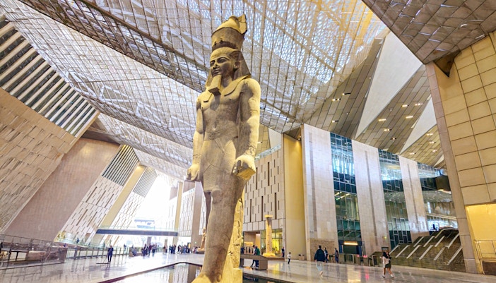 Statue of Ramses II in the Grand Egyptian Museum, Cairo, Egypt.