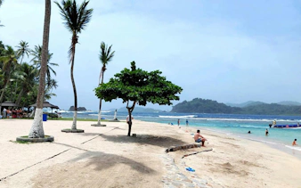 Beach scene at Isla Mamey with people relaxing and swimming, palm trees, and distant hills in Panama.