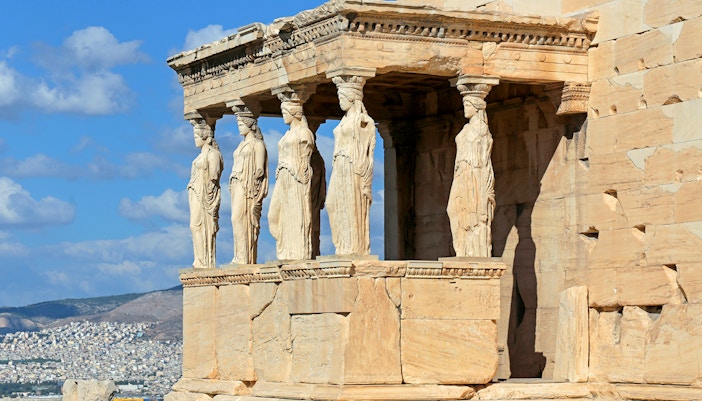 Porch of the Caryatids at the Erechtheion Temple, Athens, Greece.