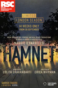 Hamnet play poster featuring a historical figure in period attire, London theater production.