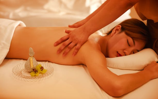 Thai massage with herbal compress on woman's back.