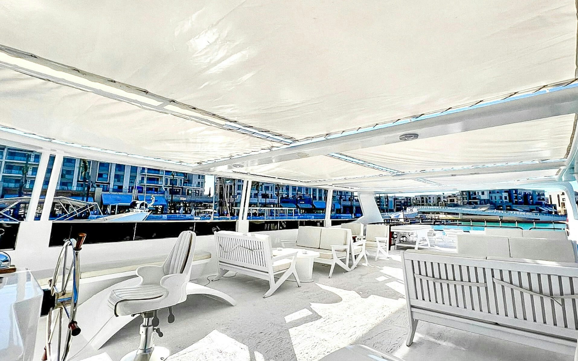 Modern seating area on luxury motor yacht deck, Red Sea, Hurghada.