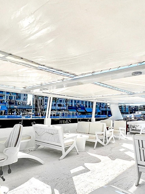 Modern seating area on luxury motor yacht deck, Red Sea, Hurghada.
