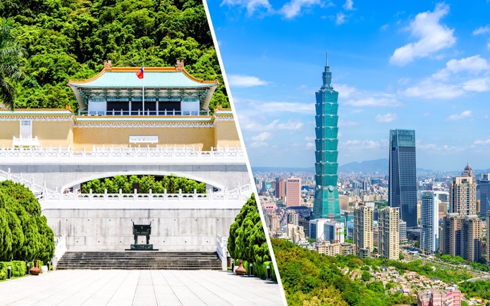 Taiwan National Palace Museum and Taipei 101 skyscraper in Taipei, Taiwan.