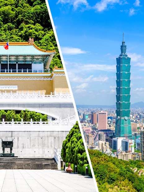 Taiwan National Palace Museum and Taipei 101 skyscraper in Taipei, Taiwan.