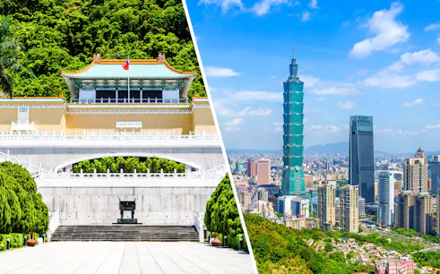 Taiwan National Palace Museum and Taipei 101 skyscraper in Taipei, Taiwan.