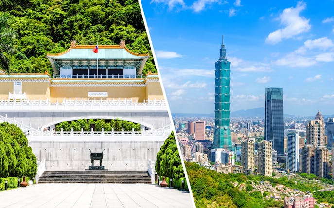 Taiwan National Palace Museum and Taipei 101 skyscraper in Taipei, Taiwan.