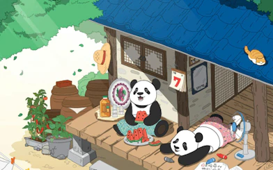 Pandas enjoying watermelon at Everland theme park's Panda cabin.