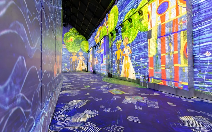 Hundertwasser artwork projections at Port des Lumières, Hamburg exhibit.