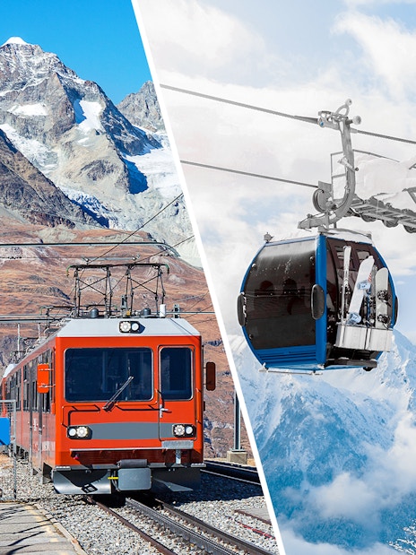 Train to Mount Gornergrat and Matterhorn Glacier Paradise cable car with snowy peaks.