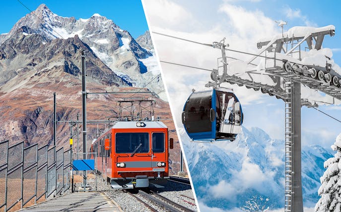 Train to Mount Gornergrat and Matterhorn Glacier Paradise cable car with snowy peaks.