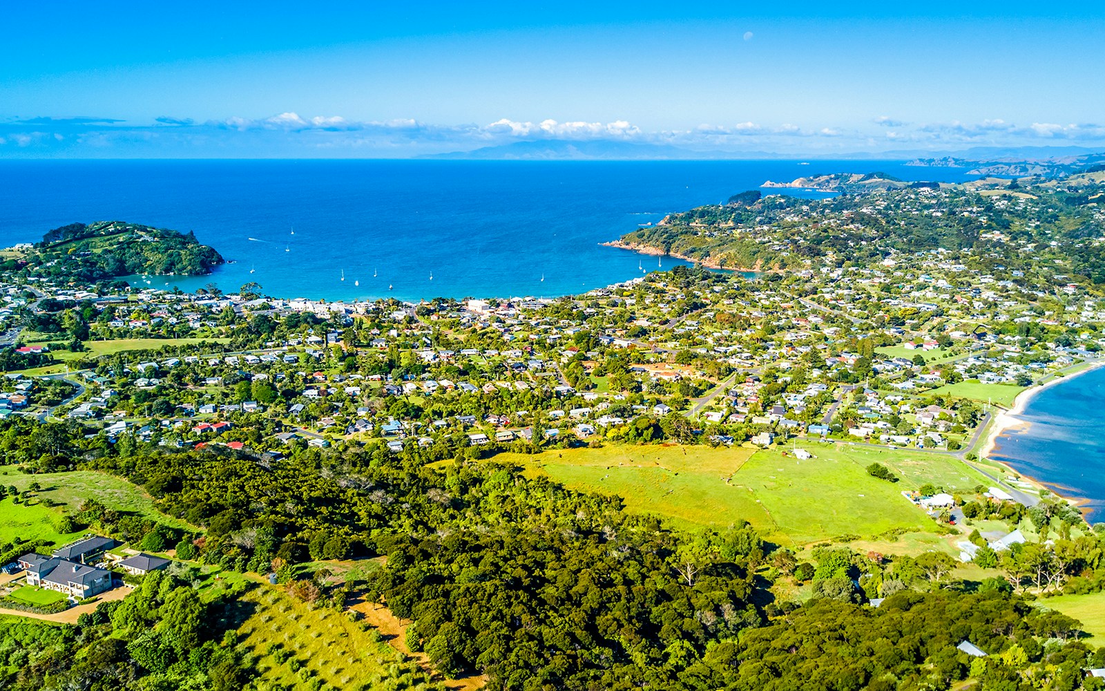Aerial view of Waiheke Island's lush landscape and coastline, New Zealand.