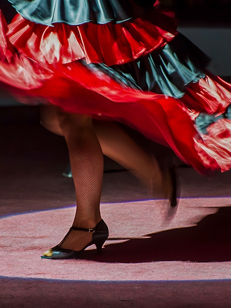 Flamenco dancer's feet in motion at Tablao El Arenal, Seville.