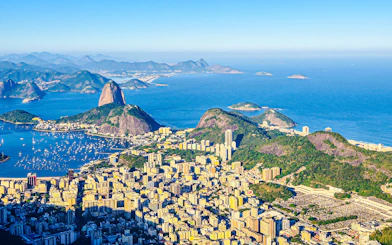 Aerial view of Rio de Janeiro with Sugarloaf Mountain and Guanabara Bay.