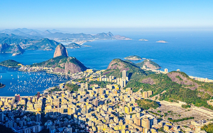 Aerial view of Rio de Janeiro with Sugarloaf Mountain and Guanabara Bay.