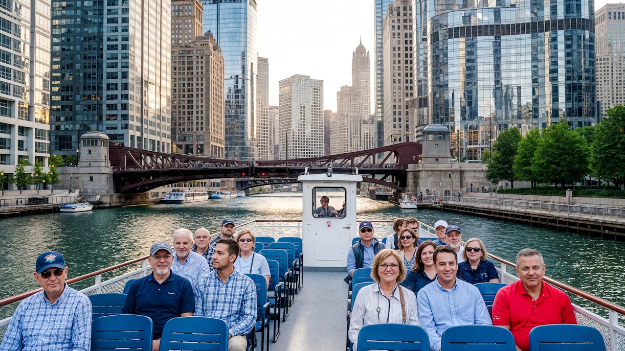 Boat tour on Chicago River with group, surrounded by modern skyscrapers and bridges.
