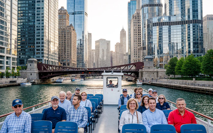 Boat tour on Chicago River with group, surrounded by modern skyscrapers and bridges.