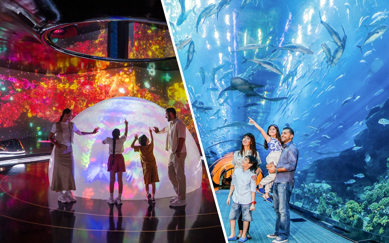 AYA Universe and Dubai Aquarium entrance with visitors exploring attractions.