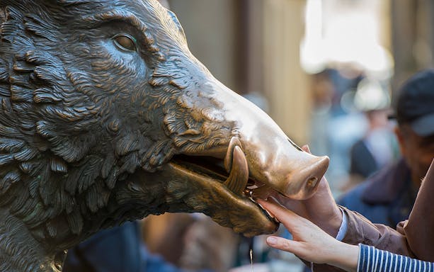 Bronze boar statue in Florence with visitors touching its snout.