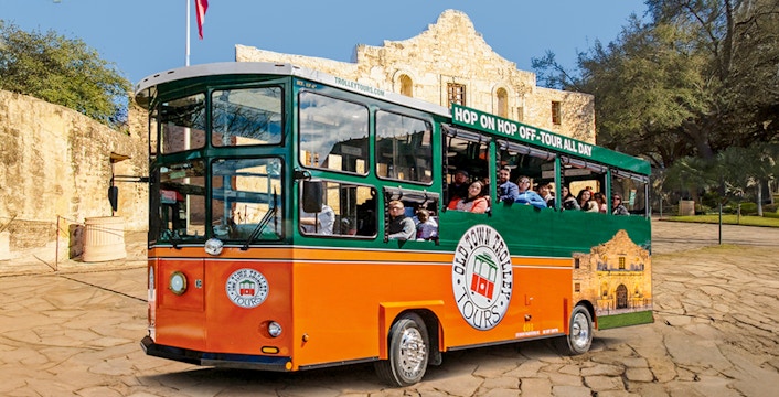 Old Town Trolley in front of the Alamo, San Antonio.