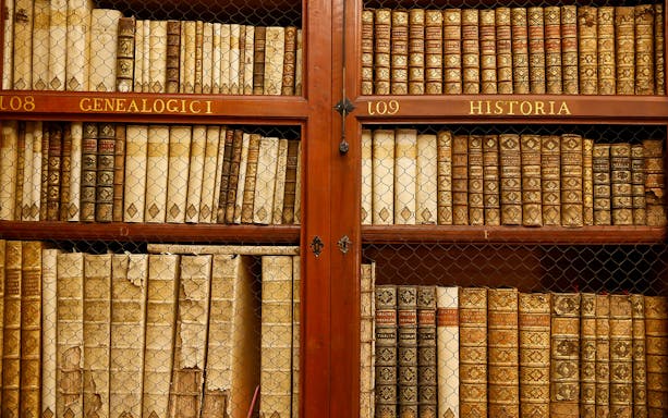 Bookshelves with historical volumes at Galleria Corsini Library, Rome.