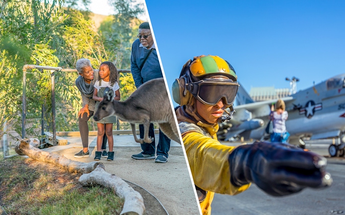 San Diego Zoo Safari Park kangaroo encounter and USS Midway Museum aircraft deck scene.