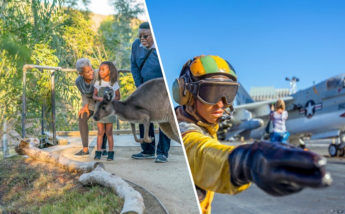 San Diego Zoo Safari Park kangaroo encounter and USS Midway Museum aircraft deck scene.