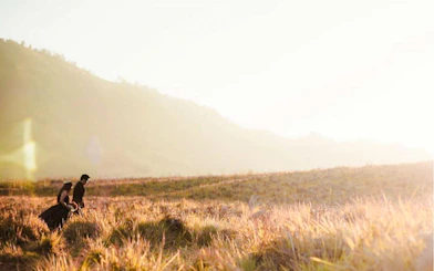 Couple walking through grassy field during sunset in Lombok.