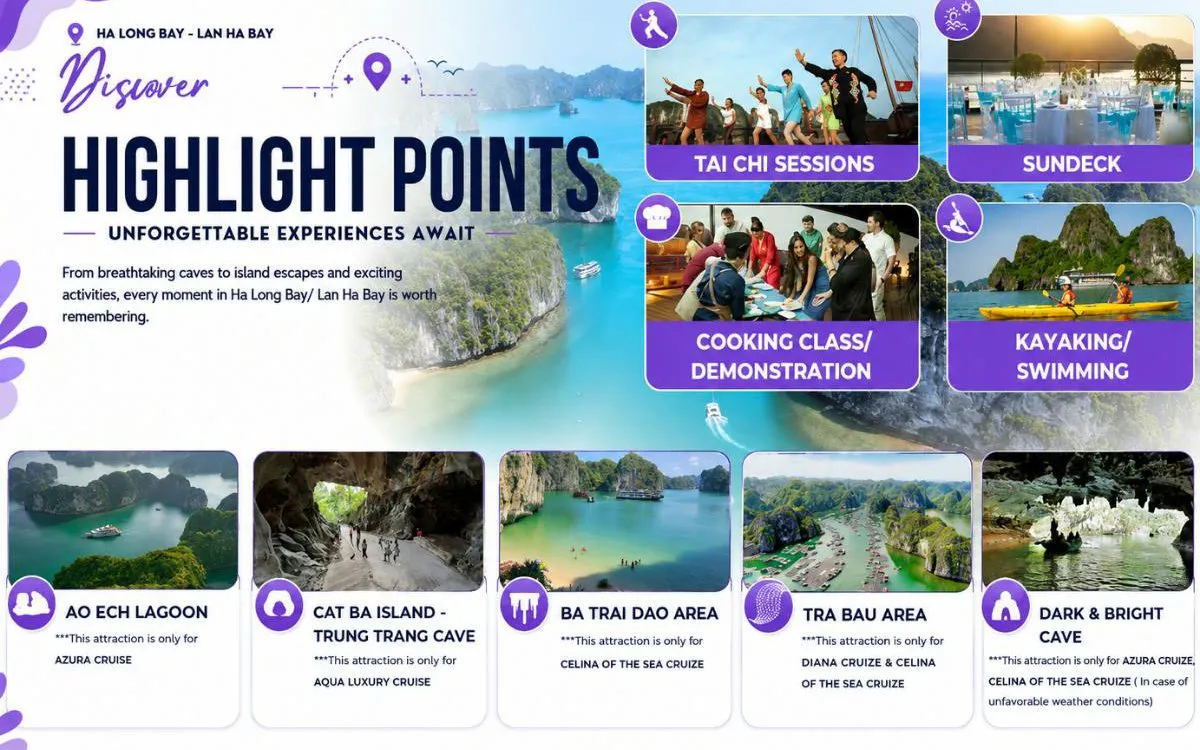 Ha Long & Lan Ha Bay luxury cruise highlights with Tai Chi, cooking class, kayaking, and cave exploration.