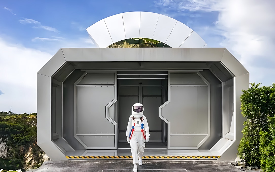 Astronaut exiting futuristic building at LOF LAND attraction.