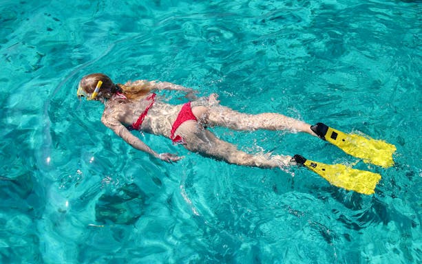 Snorkeler exploring clear waters in coastline coves with yellow fins.