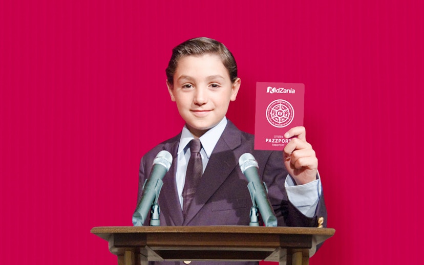 Child holding KidZania Singapore passport at podium with microphones.