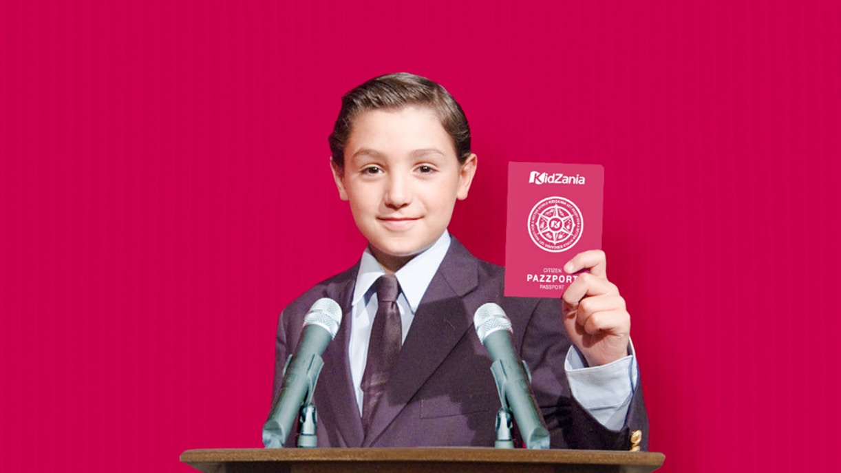 Child holding KidZania Singapore passport at podium with microphones.