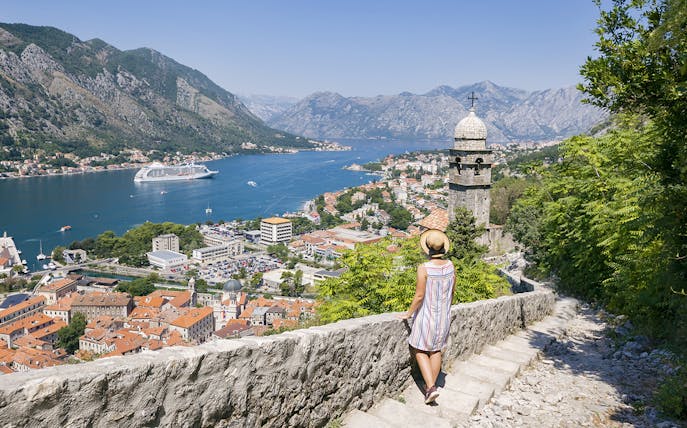 Kotor old town view with Adriatic Sea and mountains in the background.