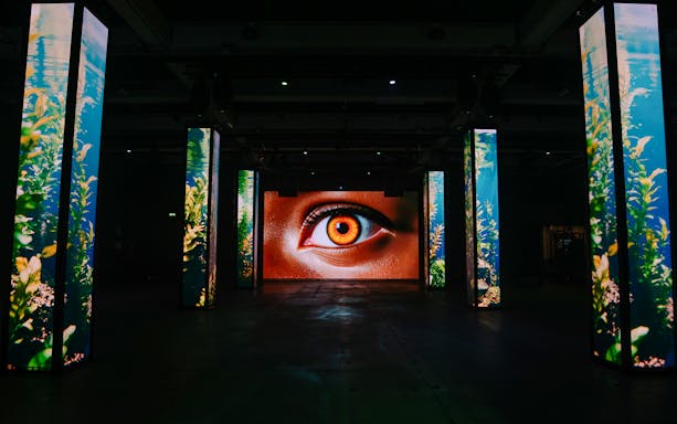 Interactive digital art installation with eye display at Amaze Amsterdam.