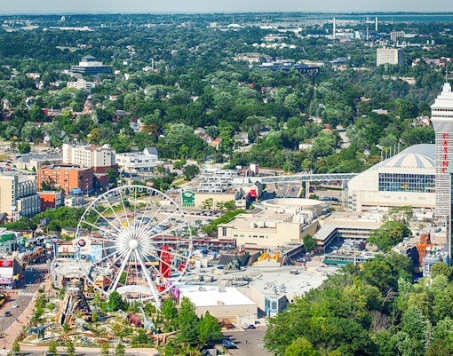 Aerial view of Clifton Hill, Ontario, featuring a Ferris wheel and surrounding attractions.