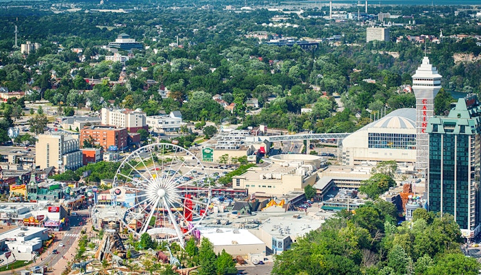 Aerial view of Clifton Hill attractions and Niagara Falls in Ontario, Canada.