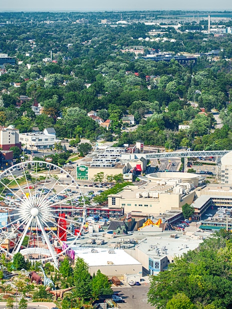 Aerial view of Clifton Hill, Ontario, featuring a Ferris wheel and surrounding attractions.