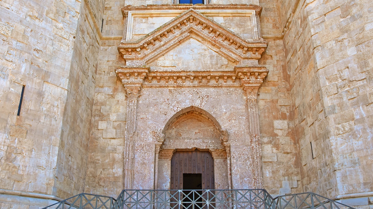 Castel Del Monte gateway with octagonal towers in Andria, Italy.