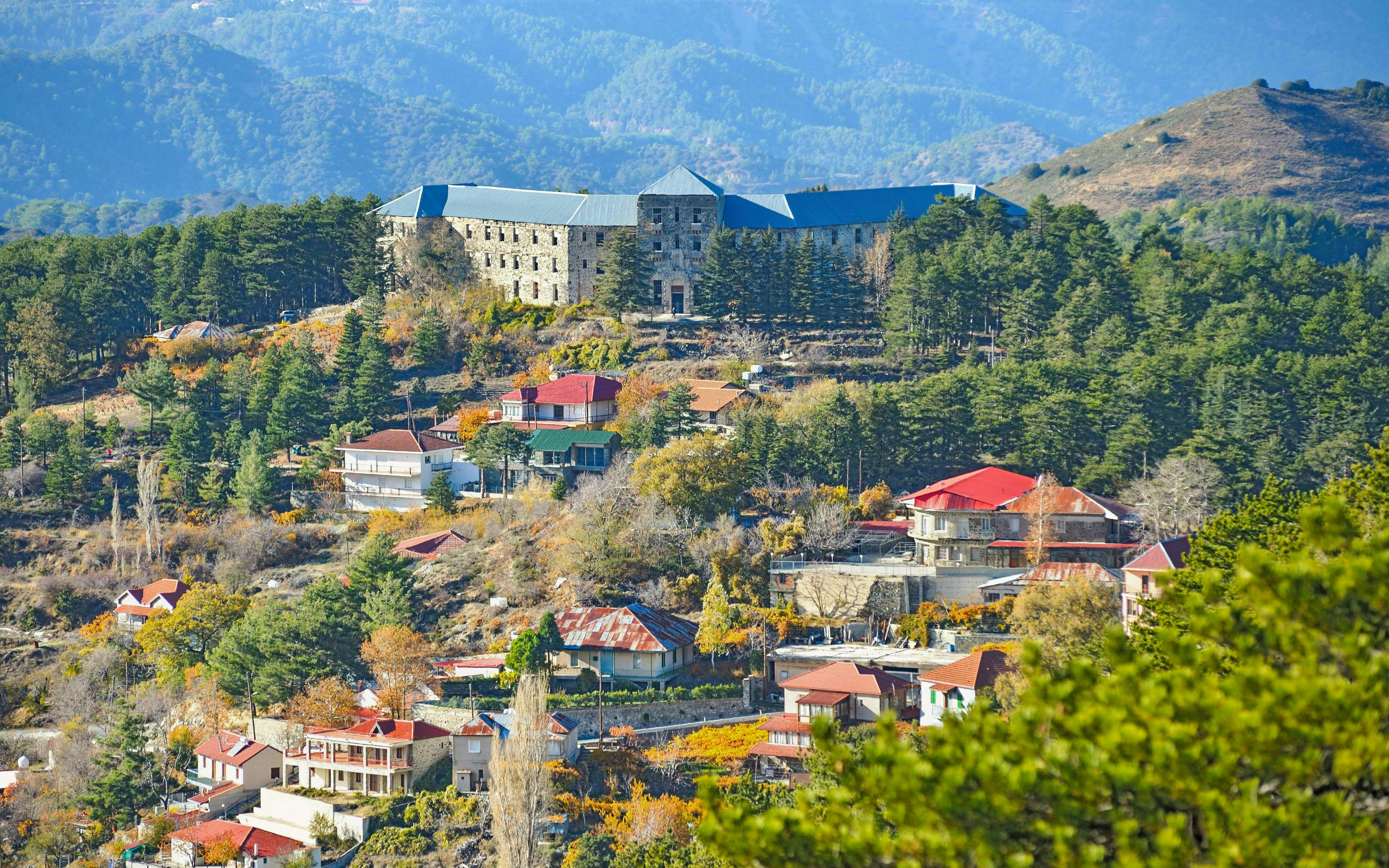 Mountain village Prodromos with abandoned hotel in Troodos, Cyprus.
