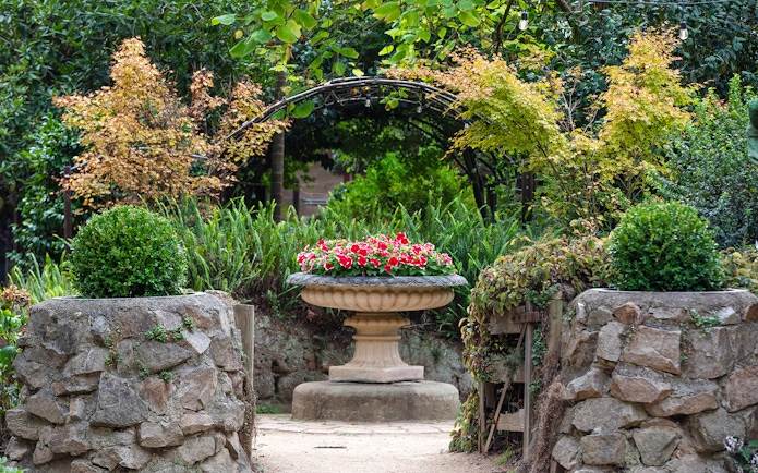 Stone pathway leading to a flower urn in Aschombe Maze & Lavender Gardens.