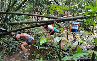 Tourists hiking through dense jungle on Cheow Lan Lake tour in Krabi, Thailand.